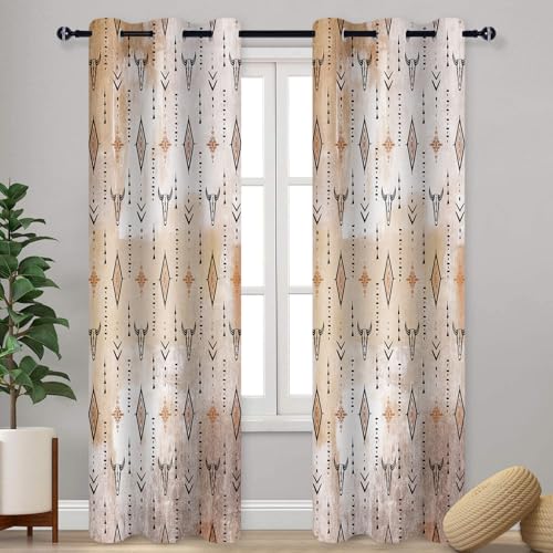 Aztec Blackout Curtains Tribal Western Bull Skull Boho Drapes Rustic Cowboys Native Ethnic Grommets Window Curtain Drapes for Bedroom Kitchen Living Room 2 Panels, 42x84in - color: Orange Black, size: 42"W x 84"L (Pack of 2)