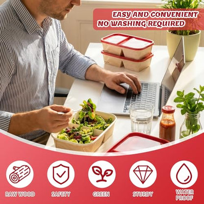 8 Pack 32oz Paper Lunch Box Bento Boxes, 2-Compartment Food Storage Containers with Lids, Leakproof Soak-Proof and Microwave Safe, Disposable To Go Boxes for Picnics, Offices, Catering, Red Lid - color: Red