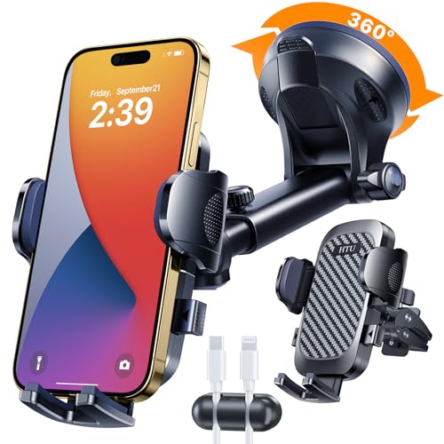 2026 Ultimate Best【True Military-Grade & Safety Cert】Car Phone Holder HTU【Upgraded 360 Rotation & 100+LBS Strongest Suction】5-in-1 Truck Windshield Dashboard Vent Mount Stand for iPhone Android, Black - color: Black