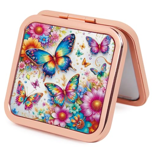 Compact Mirror for Women, Square Mini Pocket Travel Makeup Mirror, Pretty Portable Folding Small Pocket Mirror for Handbag, Purse, Double Sided Handheld Mirror(Rose Gold Butterfly) - color: Rose Gold 13