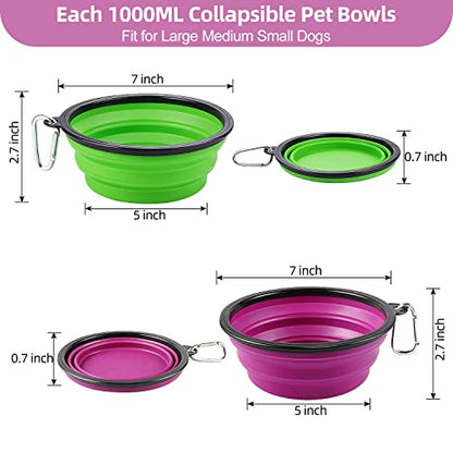 Kytely Large Collapsible Dog Bowls 2 Pack, 34oz Foldable Dog Travel Bowl, Portable Pet Water Food Bowl with Clasp, Pet Cat Feeding Cup Dish for Traveling, Walking, Hiking (Green+Purple) - color: Green & Purple