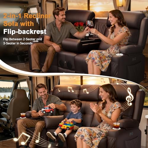 Power RV Loveseat Recliner Sofa, Reclining Loveseats Couch for RV Furniture, Home Theater Seating with Heat Massage, Flip Backrest, USB, Cup Holders, 150° Wall Hugger RV Recliners Sleeper Sofas - color: Flip Back Brown, size: Loveseat-G1-Power