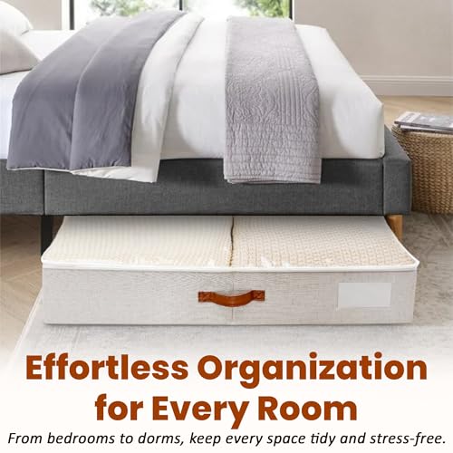 Large Under Bed Storage, 2 Pack Under Bed Storage Containers with Clear Cover, Reinforced Handles and Label Pocket for Dorms, Clothes, Shoes, Blankets, Linens, Only Needs 6" of Clearance