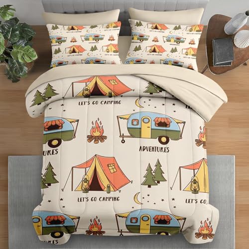 Pamnest Comforter Set Twin Size, Summer Camp RV 5 Pcs Bedding for Kids and Adults, Camping Adventure Bed Sheet Sets with Fitted Sheet Pillowcase & Sham for Bedroom Bed Decor - color: Camper, size: Twin