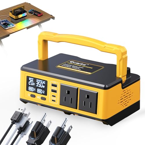 Ecarke 350W Portable Power Inverter Compatible with DeWALT 20V Battery, DC 20V to AC 110V Power Station with 2 AC Outlets, 2 USB, 2 Type-C & RGB LED Light, for Outdoor Emergency Use -Tool Only - color: Yellow, size: 350W