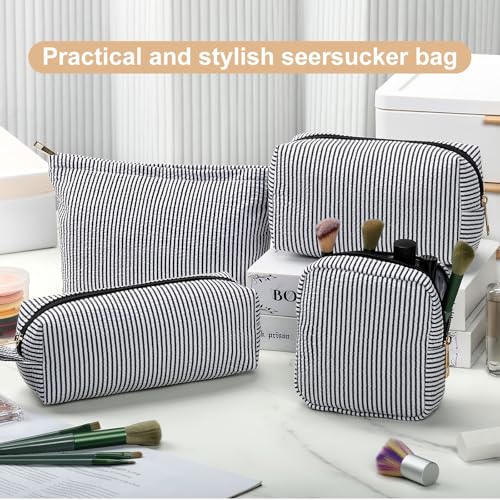 Sanwuta 4 Pcs Seersucker Pouch Cosmetic Bag Set Seersucker Makeup Bag Women Stripe Large Travel Toiletry Organizer Aesthetic Preppy Storage for Embroidery Women Bridesmaid Gifts(Black) - color: Black
