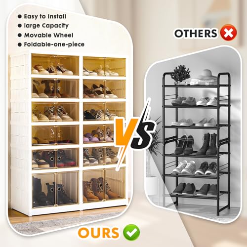 SAYMA Foldable Shoe Rack Organizer, Plastic Collapsible Shoe Storage Cabinet with Door, Easy Assembly Shoe Shelf for Entryway, Clear Stackable Shoe Box (6 Tiers, 24 Pairs) - size: 6 Tiers-24 Pairs