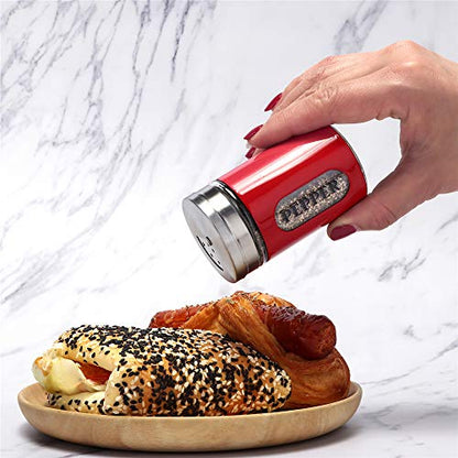 Salt and Pepper Shakers Stainless Steel and Glass Set with Adjustable Pour Holes (Red) - color: Red