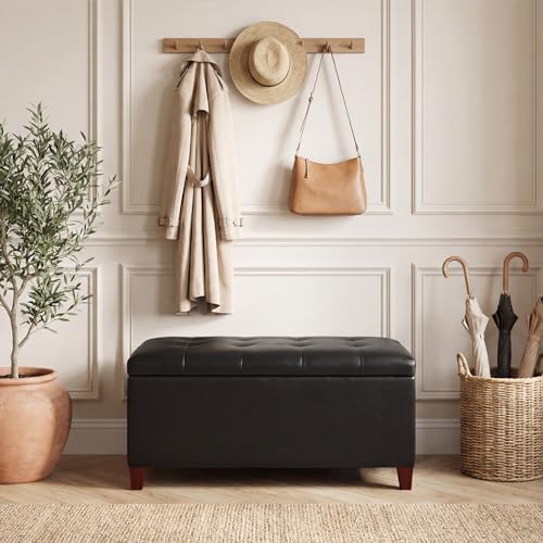 Asense Storage Ottoman Bench, 33" Faux Leather Upholstered End of Bed Bench with Safety Hinge,Wooden Legs,for Entryway Bedroom Living Room,Black - color: 33" Black Faux Leather
