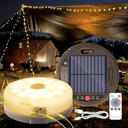 Camping String Light 4 in 1 Retractable 42ft Solar /USB Rechargeable 3600mAh Waterproof Hanging Outdoor Camping Lantern with 8 Lighting Modes, Portable Tent Lights for Hiking, Yard, RV (Warm Light)