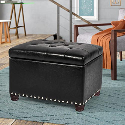 Leather Ottoman with Storage,24’’Foot Rest Ottomans with Hinged Lid Rectangle Upholstered Foot Stools Nailhead Trim for Living Room Bedroom,Black - color: Black
