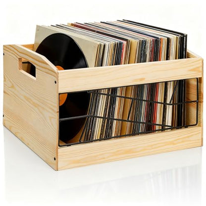 Covzoe Vinyl Record Storage Crate, Wooden Album Holder with Handle, Holds up to 70+ Albums, Natural Cube CD Albums Shelf Organize Box, File Organizer Rack for Desktop, Home, Office