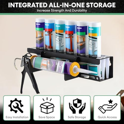 Wall-Mounted Caulking Gun Holder,6-Hole Caulk Gun & Tube Rack,Sealant Organizer with Horizontal Base,Work Truck Van Storage Organizer,Holds Caulk Gun, Sealant Tubes & Nozzles (16.54x4.33x4.33 Inches)