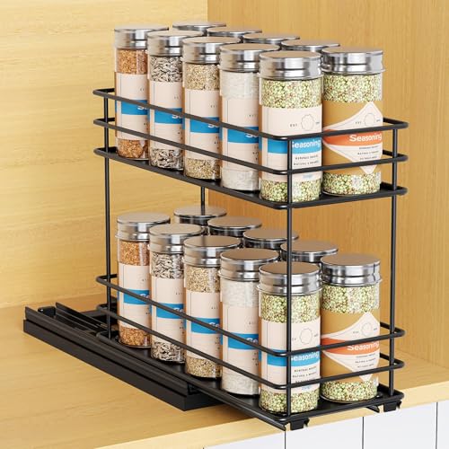 Mystozer Pull Out Spice Rack Organizer for Cabinet, Slide Out Spice Racks, Easy to Install, 4.33" Wx10.43 Dx8.66 H, 1 Drawer 2 Tiers(Black) - color: Black, size: 4.3" - 1 Drawer