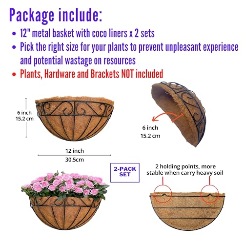 LaLaGreen Wall Hanging Planter, 2 Pack, 12 Inch Wall Mounted Flower Basket with Coco Liner for Outdoor Plants, Black Metal Wire Rail Herb Pot Holder Fence Railing Deck Porch Balcony Garden Patio Decor - size: 12" (30.5cm) x 2 Pack
