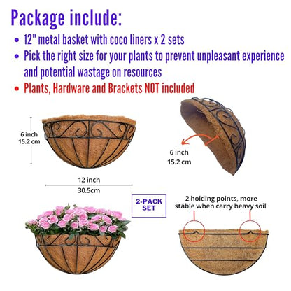 LaLaGreen Wall Hanging Planter, 2 Pack, 12 Inch Wall Mounted Flower Basket with Coco Liner for Outdoor Plants, Black Metal Wire Rail Herb Pot Holder Fence Railing Deck Porch Balcony Garden Patio Decor - size: 12" (30.5cm) x 2 Pack