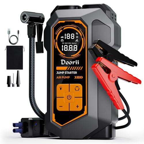 6000A Jump Starter with Air Compressor, 10-in-1 Car Jumper Starter Portable, 150PSI Tire Inflator/Air Pump, LED Flashlight for Up to 10.0L Gas / 8.0L Diesel Engines - color: Orange