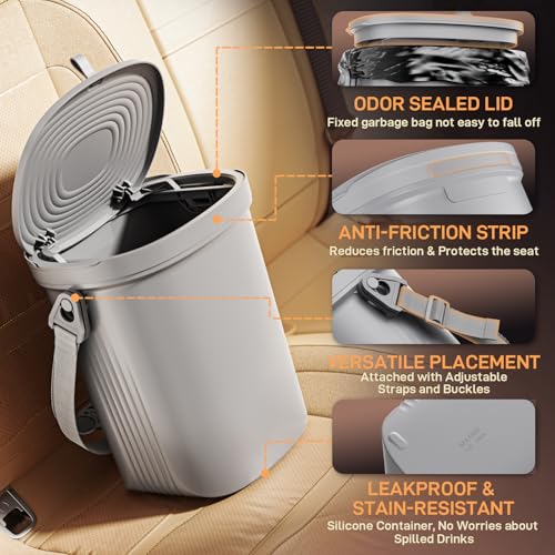 Waretary Trash Can for Car Garbage: Leakproof Silicone Car Waste Bin w/Lid for Drivers and Passengers; 2 Gallon Garbage Container for Vehicle, Sedan, SUV, Van, MPV & Truck (Gray) - color: Gray