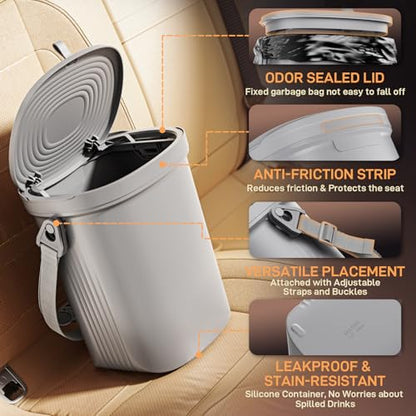 Waretary Trash Can for Car Garbage: Leakproof Silicone Car Waste Bin w/Lid for Drivers and Passengers; 2 Gallon Garbage Container for Vehicle, Sedan, SUV, Van, MPV & Truck (Gray) - color: Gray