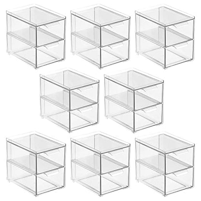 mDesign Stackable Storage Containers Box with 2 Pull-Out Drawers - Stacking Plastic Drawer Bins for Master or Guest Bathroom, Linen Closet, Vanity, or Makeup Table - Lumiere Collection - 8 Pack, Clear - size: 8 x 6 x 7 (Pack of 8)