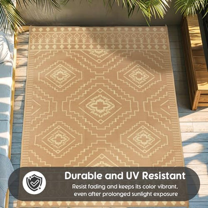 LBRO2M Plastic Straw Outdoor Rug Waterproof Rugs 8X10 UV Resistant Moroccan Geometric Reversible RV Rug for Outside Camping Rugs for Patio, Picnic, Beach (8X10, Brown)