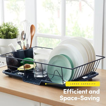 Sweet Home Collection Space-Saving 3-Piece Dish Drainer Rack Set: Efficient Kitchen Organizer for Quick Drying and Storage - Includes Cutlery Holder and Drainboard - Maximize Countertop Space, Navy - color: Navy