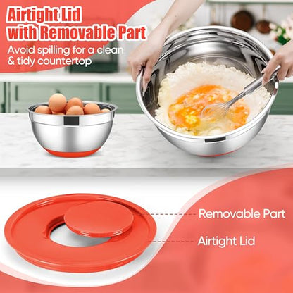E-far Stainless Steel Mixing Bowls with Lids Set, 5-Piece Nesting Salad Bowls with 3 Grater Attachments and Non-Slip Bottoms, Size 4.6, 2.6, 2, 1.5, 1QT for Kitchen (Red) - color: Red, size: 5 Regular Sizes