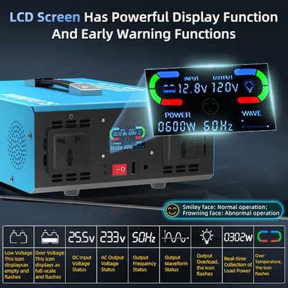 3000W Pure Sine Wave Power Inverter Voice Control AI Voice Assistant Support English 12V to 120V 60HZ with LCD Display, USB Port, for Car Home Laptop Truck - size: 3000W-12V