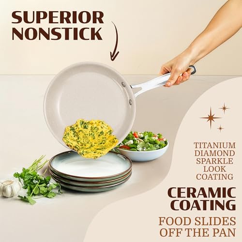 Granitestone Ceraluxe 20 Pc Ceramic Cookware Set Nonstick, Complete Pots and Pans Set Non Stick for Kitchen with Bakeware, Utensils & Steamer, Non Toxic Made Without PFOA PFOS, Oven & Dishwasher Safe - color: Cream