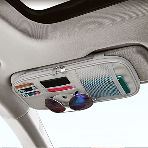 Car Sun Visor Organier Truck SUV Sun Visor Storage Pocket Pouch Holder, Multi-Pocket PU Leather with Zipper Net, for Cards Pens Sunglasses Document (Gray) - color: Gray