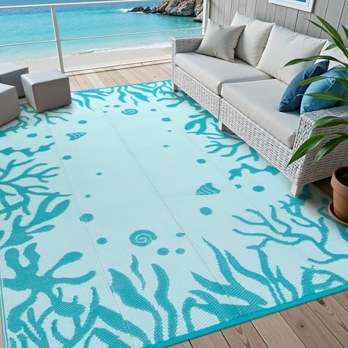 Uphome Coastal Outdoor Rug Waterproof 8x10, Reversible Ocean Beach Theme Patio Plastic Straw Rugs, RV Camping Outside Carpet Mat for Pool Back Yard Deck Picnic, 8 x 10 ft - color: Coral Blue, size: 8' x 10' (Rectangular)