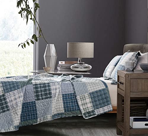 Quilt Set Queen Size Plaid Bedspread Coverlet Queen Quilt Set Bedding Mens Boys Quilt Bedspread Patchwork Bedding Home Modern Soft Lightweight Coverlet Reversible Quilt Bed Spread with 2 Pillow Shams - color: Blue Green Black, size: Full/Queen