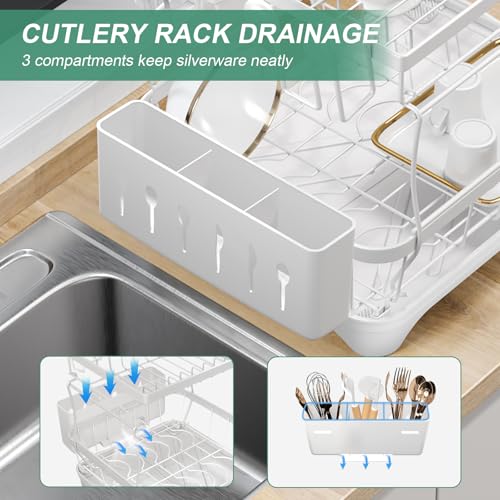 Dish Drying Rack, Two-Tier Dish Drying Rack with Utensil Holder and Cutlery Tray – Auto-Draining Large Capacity Dish Drainer with Drainboard for Kitchen Counter, White - color: 2-tier - White