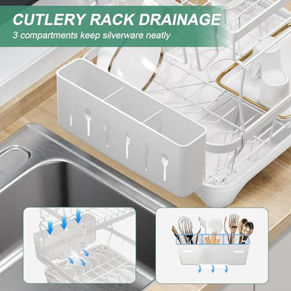 Dish Drying Rack, Two-Tier Dish Drying Rack with Utensil Holder and Cutlery Tray – Auto-Draining Large Capacity Dish Drainer with Drainboard for Kitchen Counter, White - color: 2-tier - White