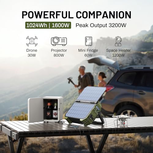 BROWEY 1600W (3200W Peak) Portable Power Station,1024Wh LiFePO4 Battery with Built-in Solar Panel,100W USB-C PD,Solar Generator for Camping, RV, Home Backup, Emergency (S1600 Green+120W) - style: S1600 Green+120W