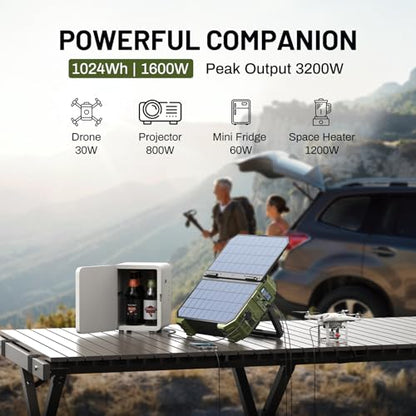BROWEY 1600W (3200W Peak) Portable Power Station,1024Wh LiFePO4 Battery with Built-in Solar Panel,100W USB-C PD,Solar Generator for Camping, RV, Home Backup, Emergency (S1600 Green+120W) - style: S1600 Green+120W