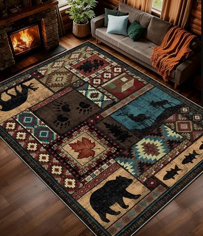 YIHOUSE Rustic Cabin Rugs for Living Room 9x12, Wildlife Bear & Deer Area Rug, Washable Southwestern Lodge Large Area Rug - color: Brown, size: 9'x12' (Rectangular)