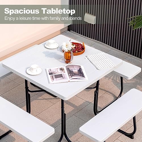 Tangkula 8 Person Picnic Table, Outdoor Square Picnic Table with 4 Built-in Benches, Umbrella Hole, Metal Frame & HDPE Tabletop, Outside Table and Bench Set for Backyard, 2300lbs Weight Capacity - color: White