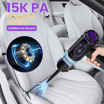 Mini Cordless Car Vacuum Cleaner,15000PA Handheld Vacuum Cleaner,2-in-1 Air Duster and Vacuum Cleaner,Hand Held Vacuum with LCD Display,Multi-Nozzles,Portable Vacuum for Car,Home,Pet Hair,Office