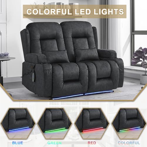 URRED Power Loveseat Recliner Sofa with Massage and Heat, Wall Hugger Reclining Loveseat, RV Couch Home Theater Seating with LED Lights for Living Room (Dark Grey, 54" - 2 Seats) - color: Dark Grey, size: 54" - 2 Seats