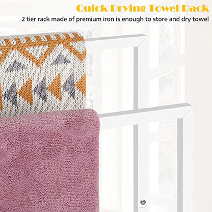 Freestanding Towel Rack for Bathroom 2 Tier Small Metal Hand Towel Holder Stand Towel Bar Towel Drying Rack Floor for Bedroom Laundry Room, White - color: White