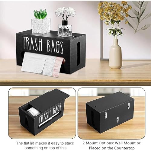 Trash Bag Dispenser, Wall Mount Trash Bag Holder Dispenser with Lid Wooden Kitchen Trash Bag Roll Organizer Plastic Garbage Bag Storage for Cabinet. (Black) - color: Black