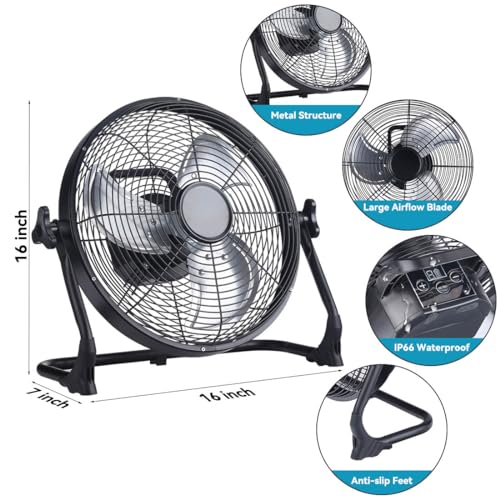 ZZE 14 Inch Battery Operated Fan Rechargeable, Upgraded with High Airflow Metal Blade Camping Fan, Cordless, Quiet, USB Phone Charge, 5-72H Working Time - size: 14 Inch