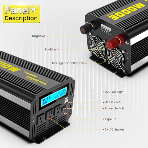 3000 Watt Modified Sine Wave Power Inverter, 12V DC to AC 110V/120V (Peak) 6000W Converter 3 Outlet Car Inverter with Remote Control and LED Display 3.4A USB Port - size: SY-12V-3000