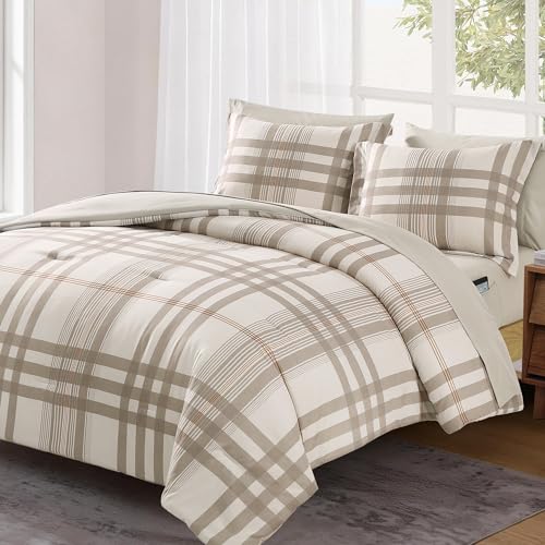 MaiRêve Queen Comforter Set Brown Grey, Classic Plaid Farmhouse Bedding Sets 7 Pieces, All Season Lightweight Bed in a Bag with Sheets, Pillowcases & Shams - color: Brown Grey, size: Queen