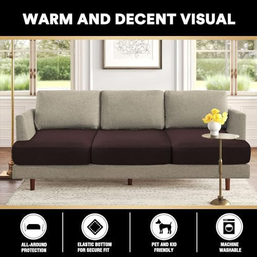 PrinceDeco Stretch T Cushion Sofa Slipcovers 3 Piece Sofa Couch Cover for 3 Cushion Sofa Seat Cover with Elastic Bottom Pets Friendly Jacquard Small Checked,Brown - color: Brown, size: 3 Cushion Sofa