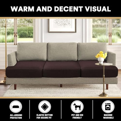 PrinceDeco Stretch T Cushion Sofa Slipcovers 3 Piece Sofa Couch Cover for 3 Cushion Sofa Seat Cover with Elastic Bottom Pets Friendly Jacquard Small Checked,Brown - color: Brown, size: 3 Cushion Sofa