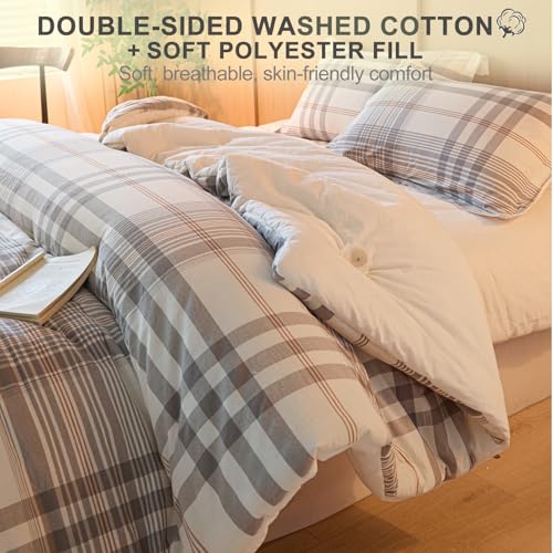 100% Cotton Comforter Set King Size – Reversible Yarn-Dyed Checkered Design, Soft Washed Cotton on Both Sides, Lightweight All-Season Bedding, Machine Washable(Grey White Plaid, 104”x90”) - color: Grey White, size: King(104"x90")