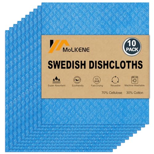 MoLKENE Swedish Dishcloths - 10 Pack Reusable Kitchen Dishcloths - Ultra Absorbent Dish Towels for Washing Dishes - Cellulose Sponge Cloth Cleaning Cloths - Blue - color: 10 Pack Blue, size: 10 Pack