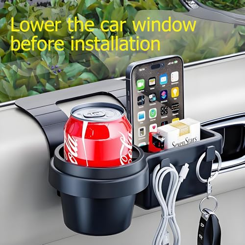 GDQ Car Cup Holder - Hanging Car Door Window Drink Coffee Door Cup Holder with Clip-On Design, No Drill, with Phone Holder, Key Hook & Charging Port Universal Fit for SUV Truck Sedan（1 Pack）